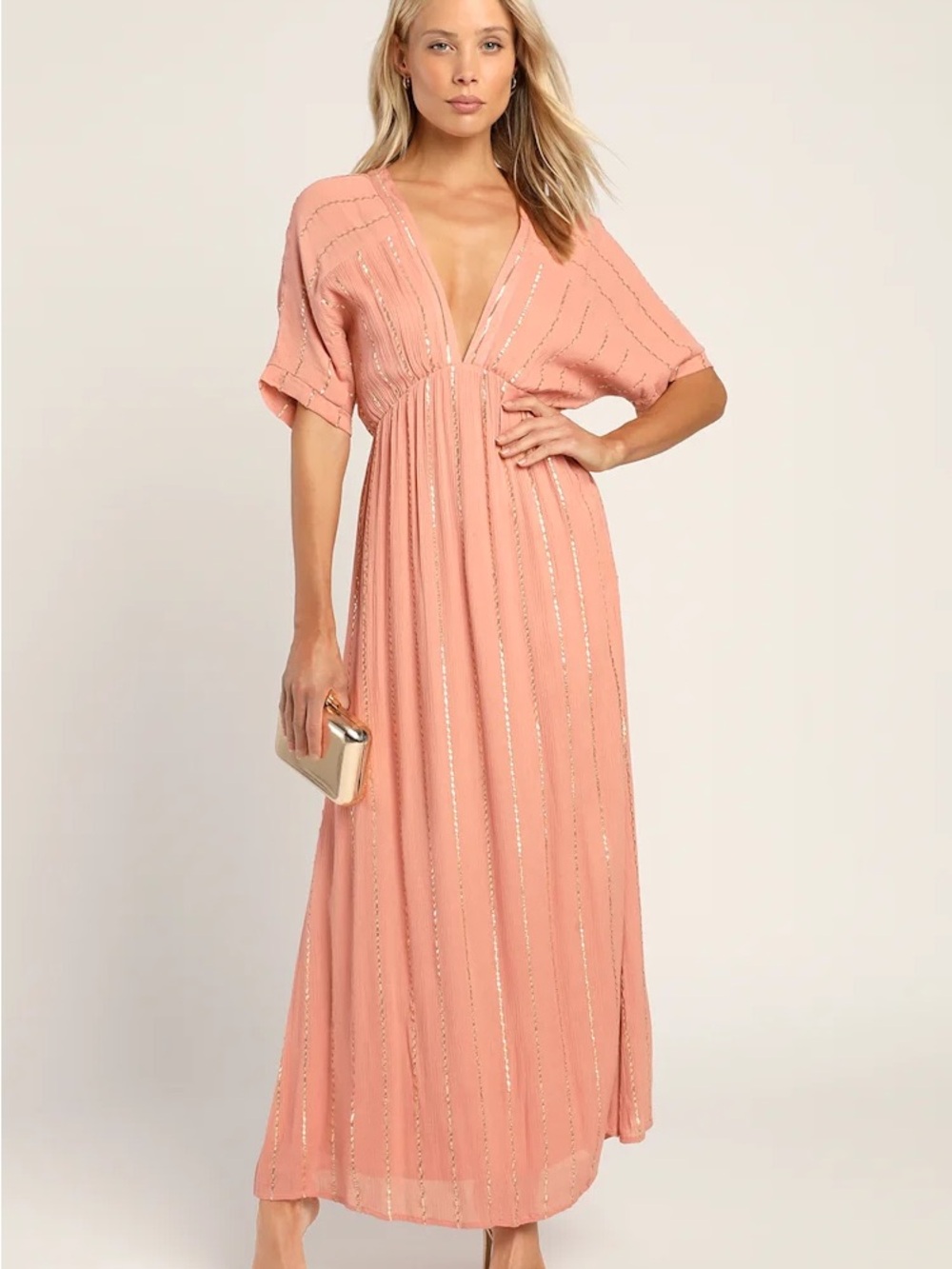 Lulus Goddess Vibes Rusty Rose Gold Striped Dolman Sleeve Maxi Dress